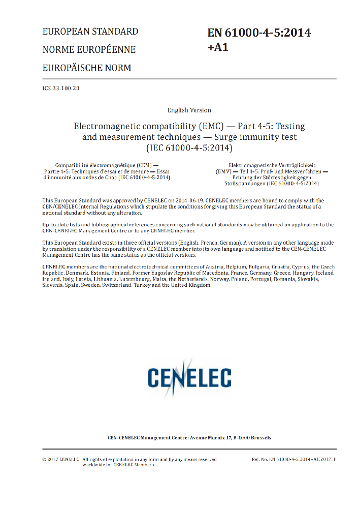 EN 61000-4-5:2014+A1:2017電磁兼容 試驗(yàn)和測(cè)量技術(shù)浪涌（沖擊）抗擾度試驗(yàn)