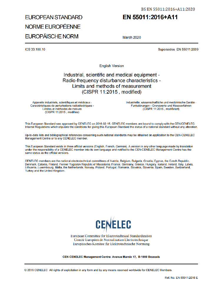 EN 55011:2016+A11:2020工業(yè)、科學(xué)和醫(yī)療(ISM)射頻設(shè)備 騷擾特性 限值和測量方法
