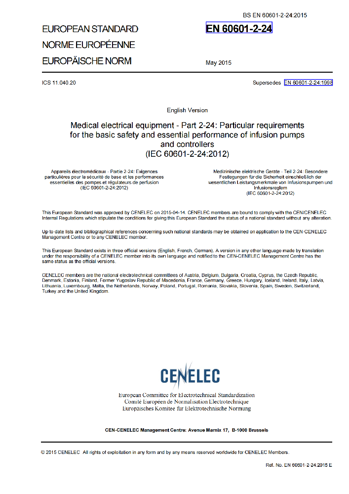 EN 60601-2-24:2015醫(yī)用電氣設(shè)備第2-24 部分：輸液泵和輸液控制器的基本安全和基本性能專用要求