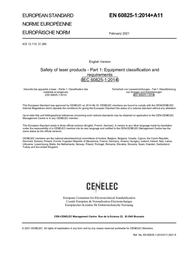 EN 60825-1: 2014+A11:2021激光產(chǎn)品的安全 第1部分：設(shè)備分類(lèi)、要求