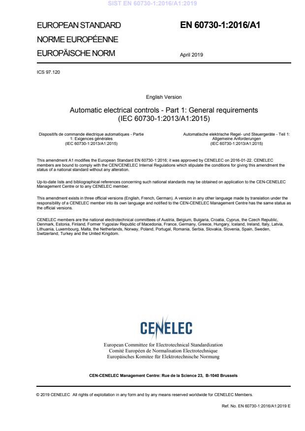 EN 60730-1:2016+A1:2019家用和類似用途電自動(dòng)控制器 第1部分：通用要求